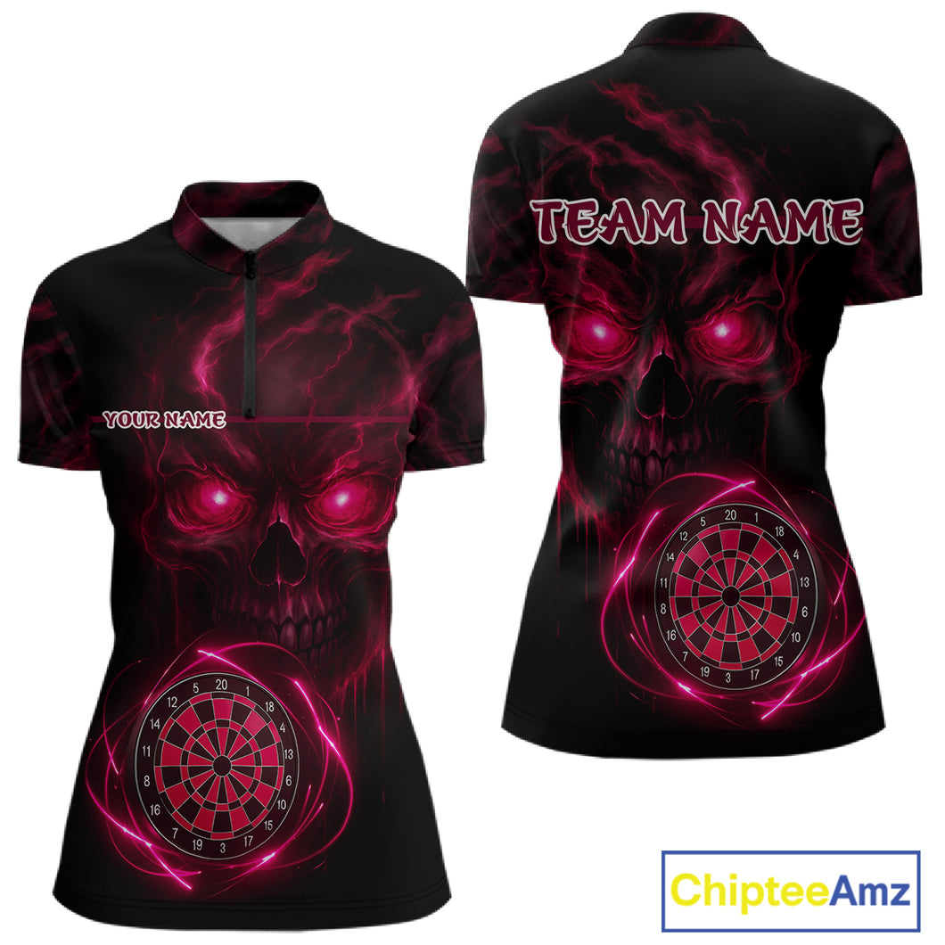 Custom Lightning Red Skull Dartboard 1/4-Zip Dart Shirt For Women Outfit Skull Dart Team Jerseys NYN0929