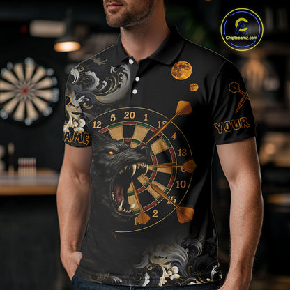 Black Ferocious Wolf & Gold Dartboard Darts Team Shirt For Men - Customizable Name NYN0389