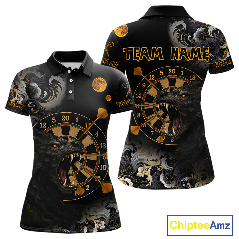 Black Ferocious Wolf & Gold Dartboard Darts Team Shirt For Women - Customizable Name NYN0389