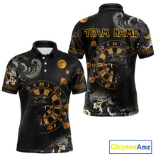 Load image into Gallery viewer, Black Ferocious Wolf &amp; Gold Dartboard Darts Team Shirt For Men - Customizable Name NYN0389
