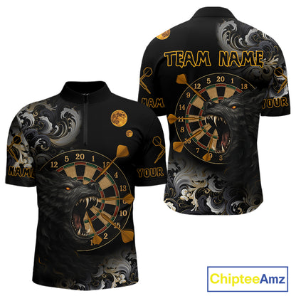 Black Ferocious Wolf & Gold Dartboard Darts Team Shirt For Men - Customizable Name NYN0389