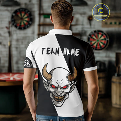 White Evil Horned Skull Funny Darts Shirt For Men - Customizable Name & Team NYN0395