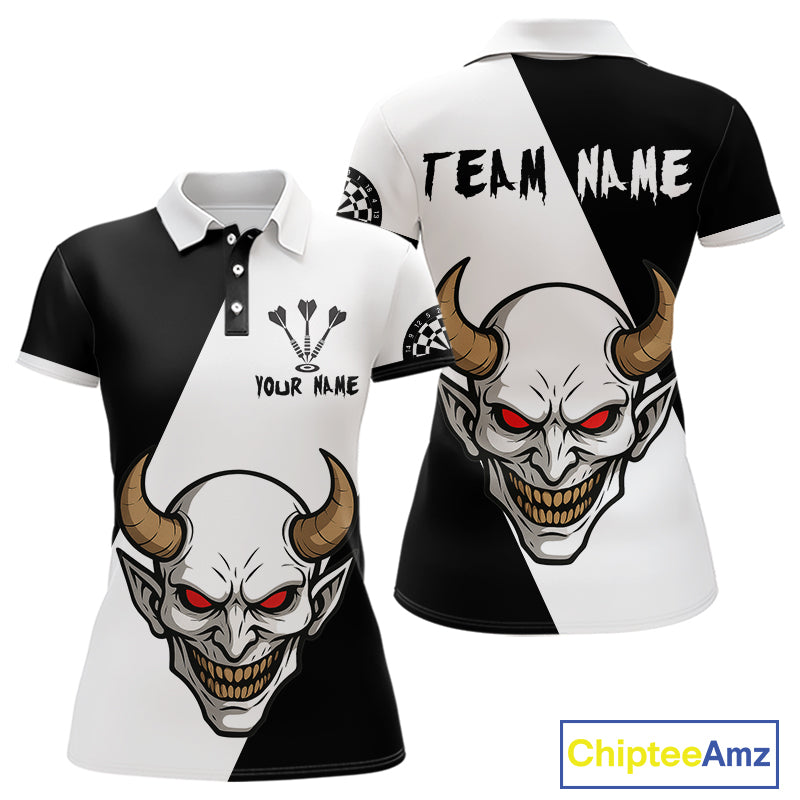 White Evil Horned Skull Funny Darts Shirt For Women - Customizable Name & Team NYN0395
