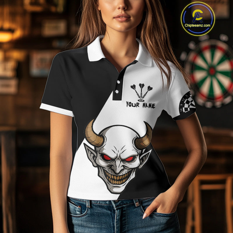 White Evil Horned Skull Funny Darts Shirt For Women - Customizable Name & Team NYN0395