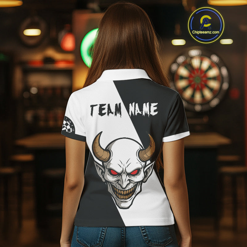 White Evil Horned Skull Funny Darts Shirt For Women - Customizable Name & Team NYN0395
