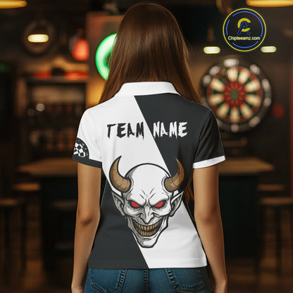 White Evil Horned Skull Funny Darts Shirt For Women - Customizable Name & Team NYN0395