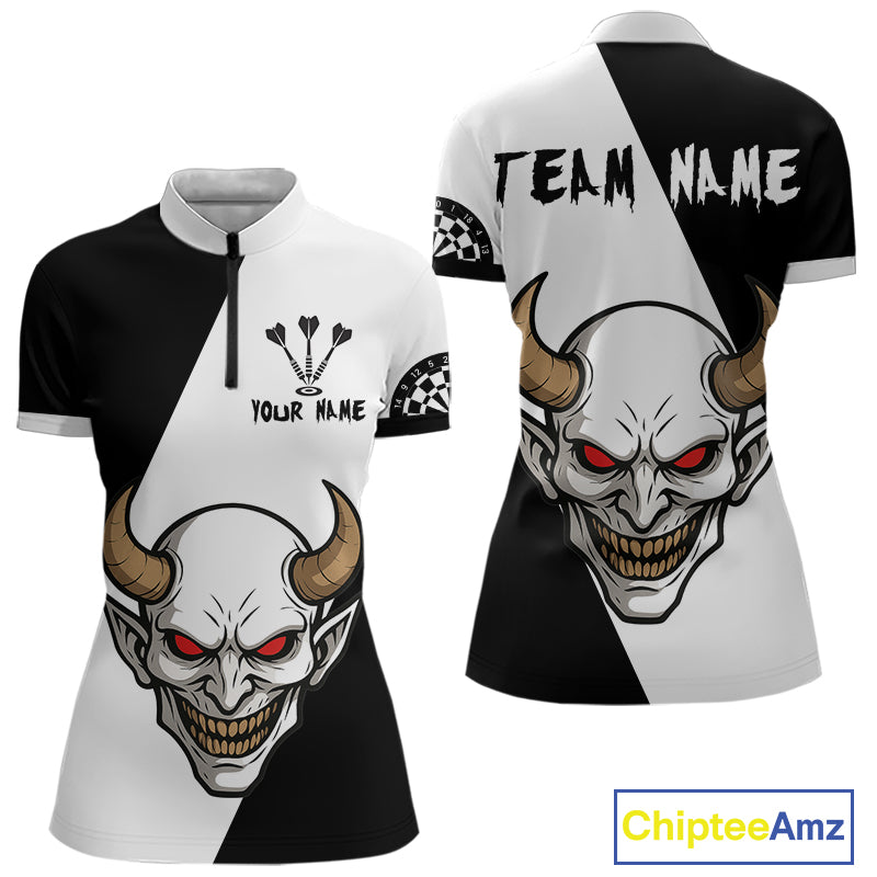 White Evil Horned Skull Funny Darts Shirt For Women - Customizable Name & Team NYN0395