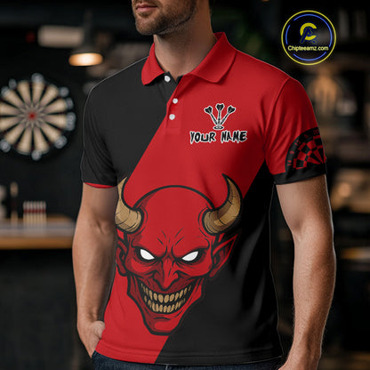Red Evil Horned Skull Funny Darts Shirt For Men - Customizable Name & Team NYN0396