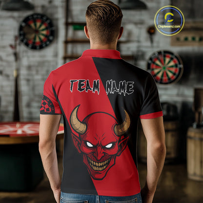 Red Evil Horned Skull Funny Darts Shirt For Men - Customizable Name & Team NYN0396