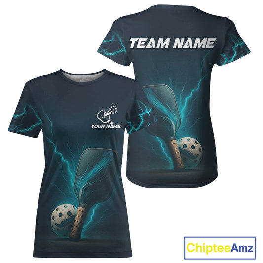 Custom Lightning Blue Pickleball Ball & Paddle T-Shirt For Women Outfits Pickleball Jerseys NYN1274