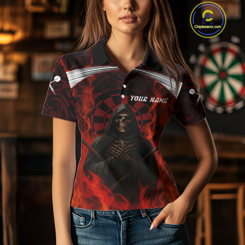 Red Dartboard Flaming The Reaper Darts Shirt For Women - Customizable Name & Team NYN0405