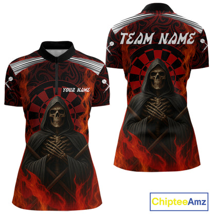 Red Dartboard Flaming The Reaper Darts Shirt For Women - Customizable Name & Team NYN0405