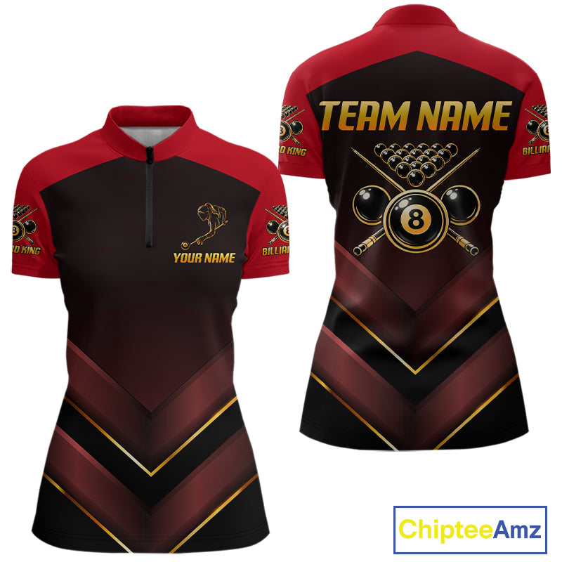 Custom Red Billiard Polo & Quarter-Zip Jerseys For Women Gold 8 Ball Pool Team Jersey NYN2314