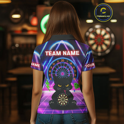 Dark Cat & Neon Electric Women's Darts Shirt - Custom Name For Dart Players NYN0416