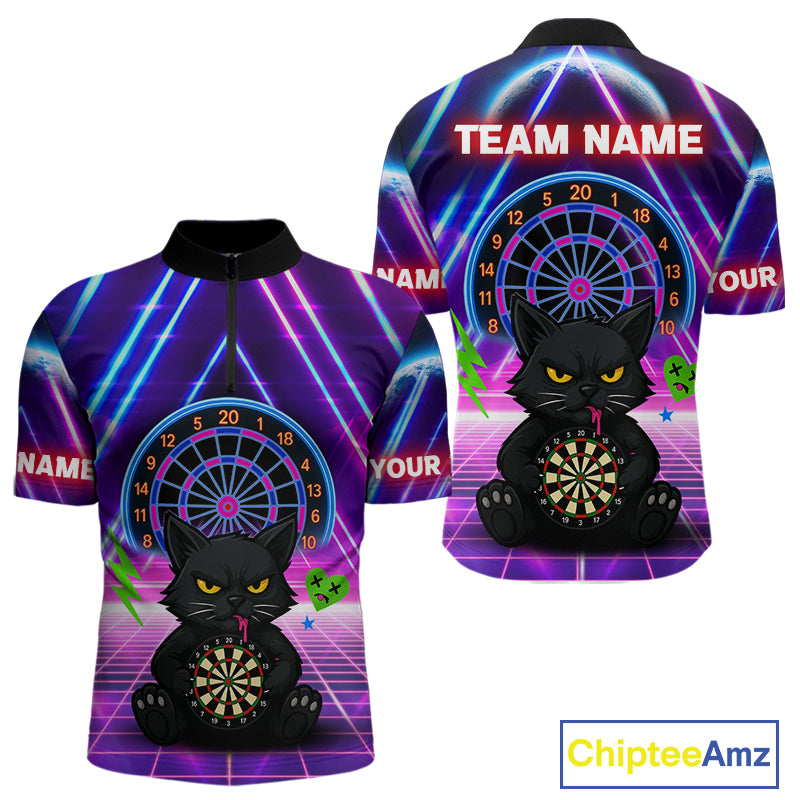 Dark Cat & Neon Electric Men's Darts Shirt - Custom Name For Dart Players NYN0416