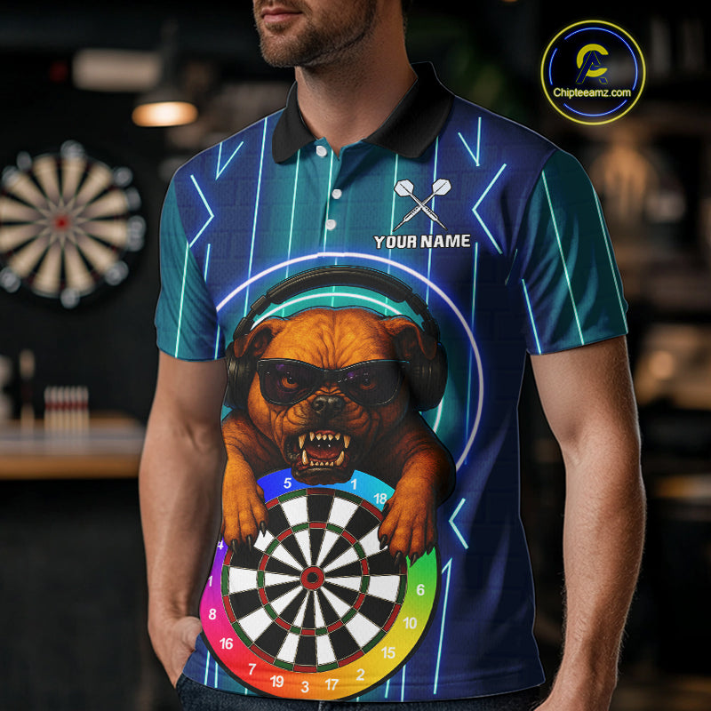 Darts & Cool Bulldog Tech Neon Men's Darts Shirt - Custom Name For Dart Players NYN0418