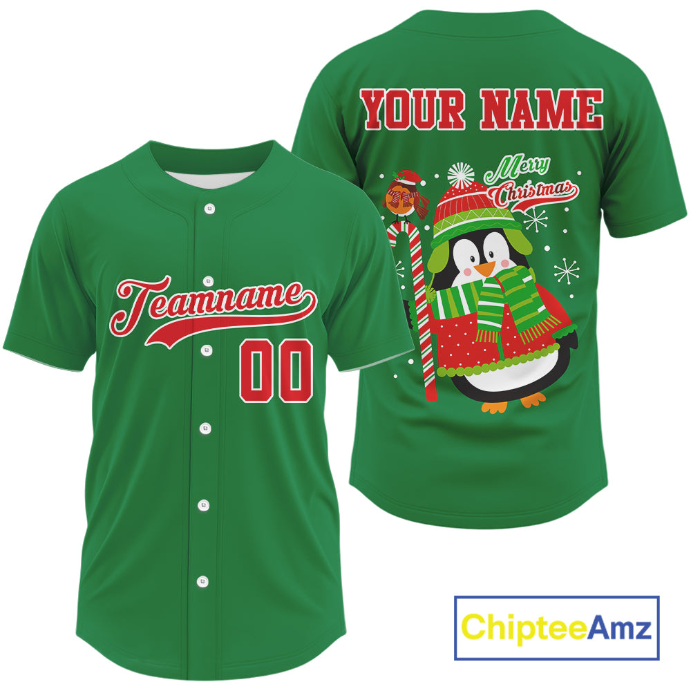 Custom Green Penguin Christmas Men's Baseball Jersey Baseball Gifts For Xmas Holiday NYN1302