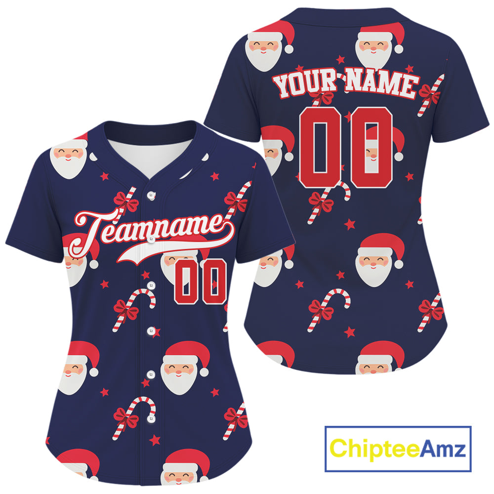 Custom Blue And Red Santa-Claus Christmas Women's Baseball Jersey Baseball Gifts For Xmas NYN1303