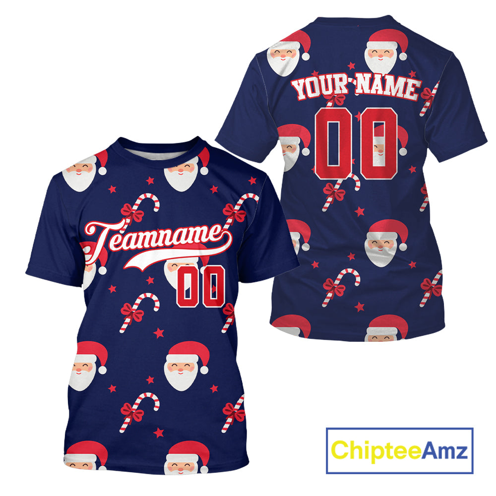 Custom Blue And Red Santa-Claus Christmas Men's Baseball T-Shirt Baseball Gifts For Xmas NYN1303