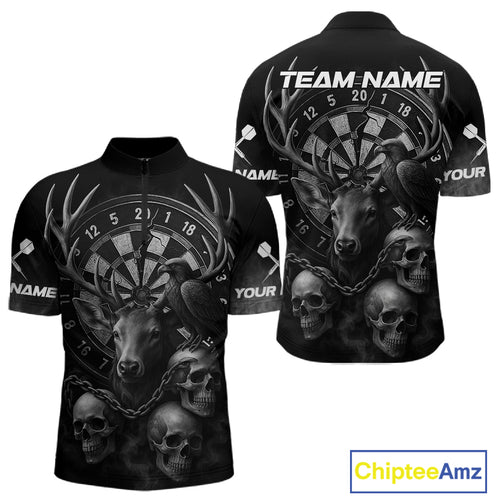 Custom Black Deer And Skull Cracked Dartboard 1/4-Zip Dart Shirt For Men Dart Outfit Team Jersey NYN1312