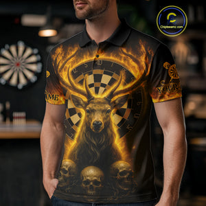 Custom Yellow Flames Deer Dartboard Polo Dart Shirt Flame Skull Dart Jersey For Men NYN1314