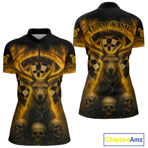 Custom Yellow Flames Deer Dartboard 1/4-Zip Dart Shirt Flame Skull Dart Jersey For Women NYN1314