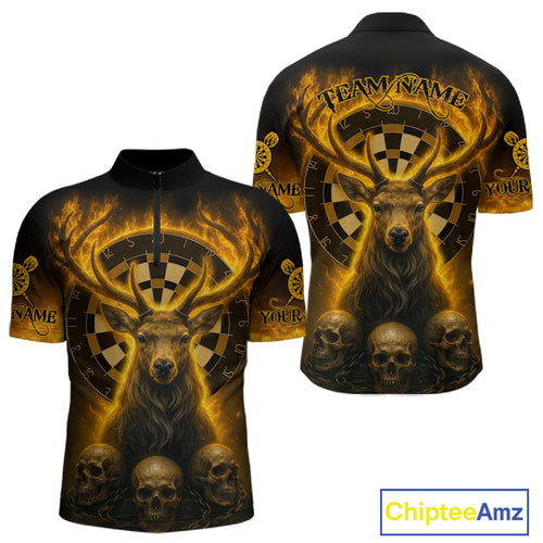 Custom Yellow Flames Deer Dartboard 1/4-Zip Dart Shirt Flame Skull Dart Jersey For Men NYN1314