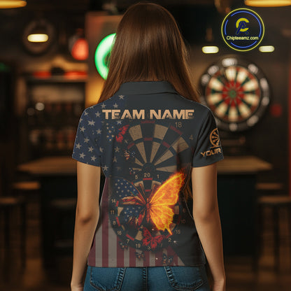 Custom Flame Butterflies Patriotic Polo Dart Shirt USA Flag Dartboard Dart Jersey For Women NYN1315