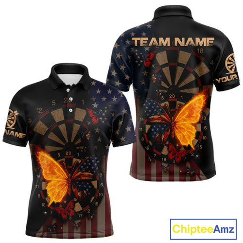 Custom Flame Butterflies Patriotic Polo Dart Shirt USA Flag Dartboard Dart Jersey For Men NYN1315