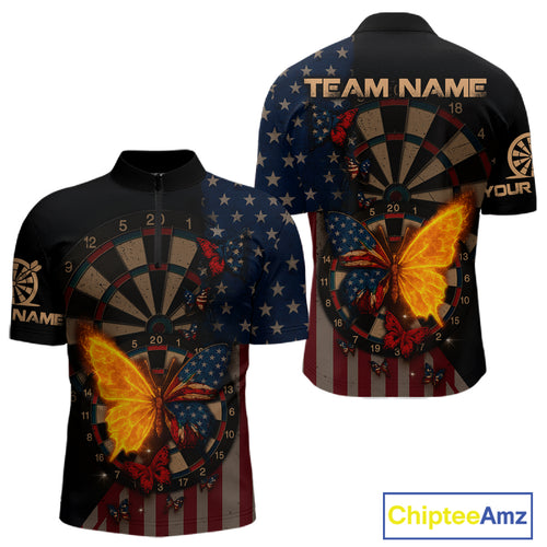Custom Flame Butterflies Patriotic 1/4-Zip Dart Shirt USA Flag Dartboard Dart Jersey For Men NYN1315