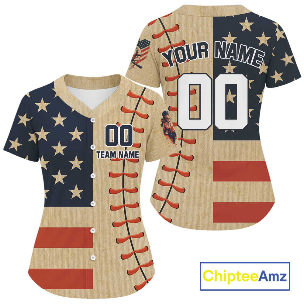 Custom Red And Blue Patriotic Baseball Shirts For Women Outfit US Flag Baseball Jerseys NYN0909