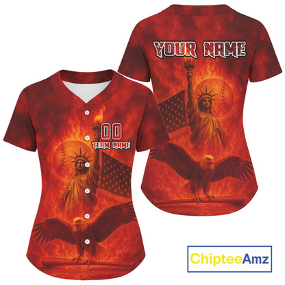 Custom Red Flames Eagle Patriotic Baseball Jerseys For Women Outfits US Flag Baseball Shirt NYN0920