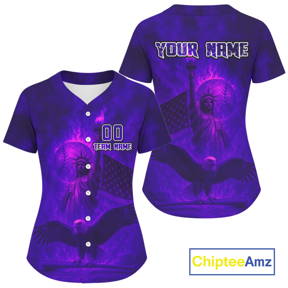 Custom Purple Flames Eagle Patriotic Baseball Jerseys For Women Outfits US Flag Baseball Shirt NYN0921