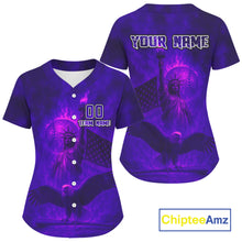 Load image into Gallery viewer, Custom Purple Flames Eagle Patriotic Baseball Jerseys For Women Outfits US Flag Baseball Shirt NYN0921