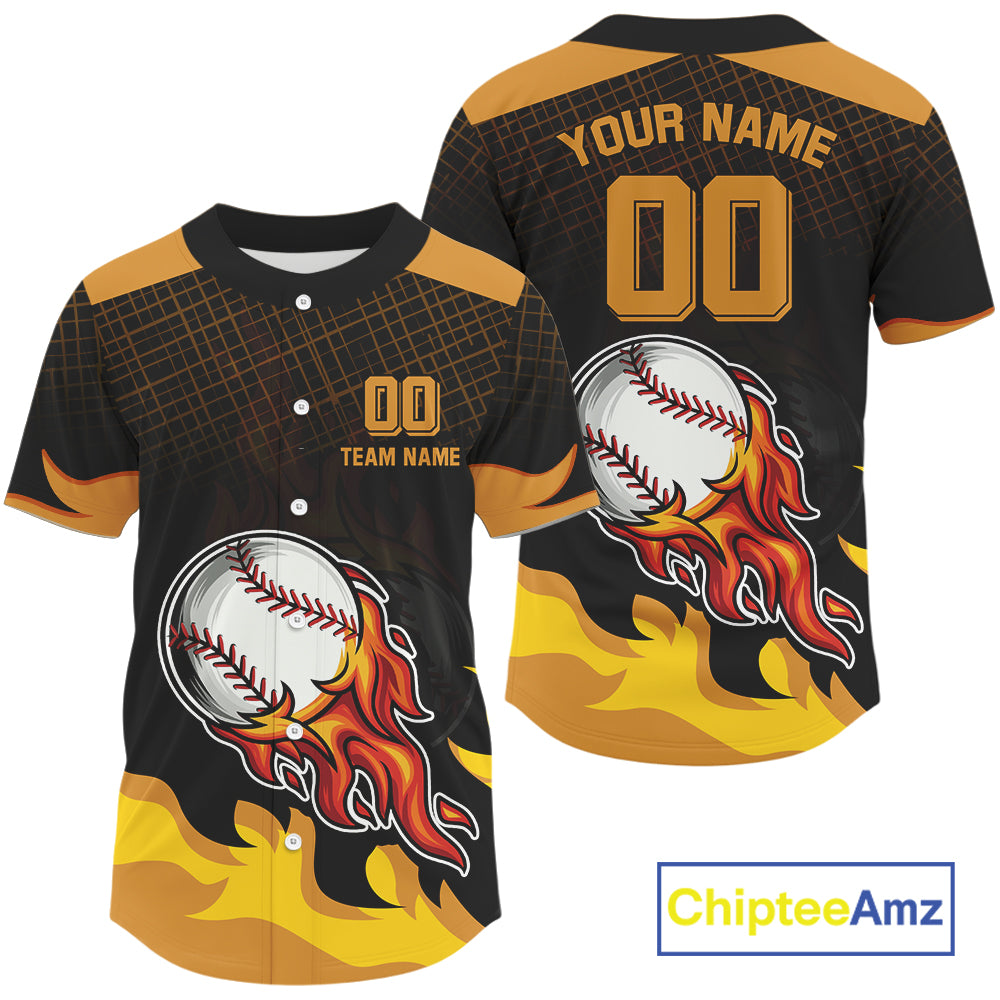 Custom Yellow Flames Baseball Ball Jersey For Men Youth Baseball Tournament Shirt NYN0940