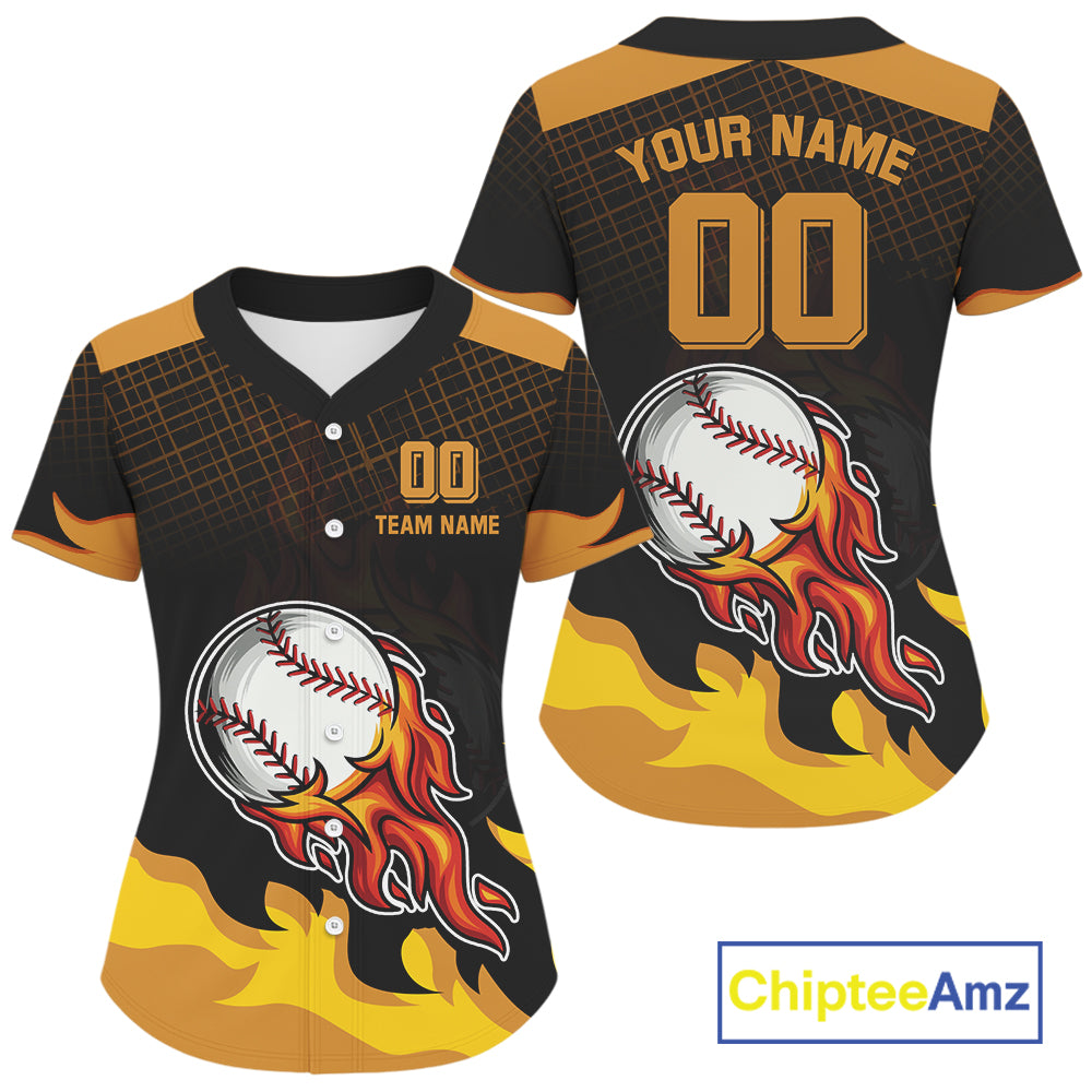 Custom Yellow Flames Baseball Ball Jersey For Women Youth Baseball Tournament Shirt NYN0940