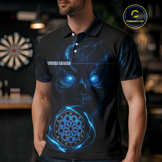 Custom Lightning Blue Skull Dartboard Polo Dart Shirt For Men Outfit Skull Dart Team Jerseys NYN0928