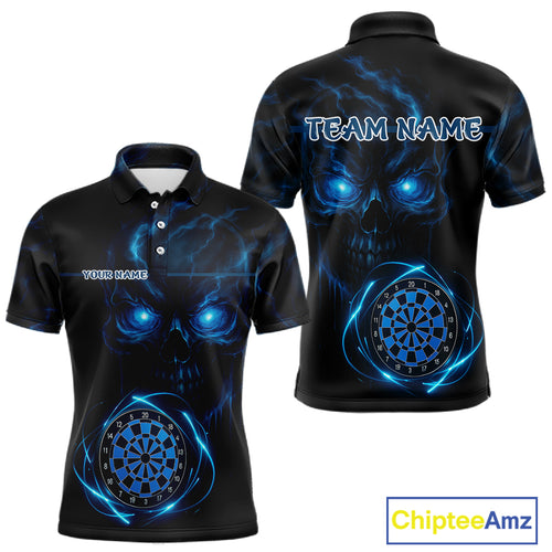 Custom Lightning Blue Skull Dartboard Polo Dart Shirt For Men Outfit Skull Dart Team Jerseys NYN0928