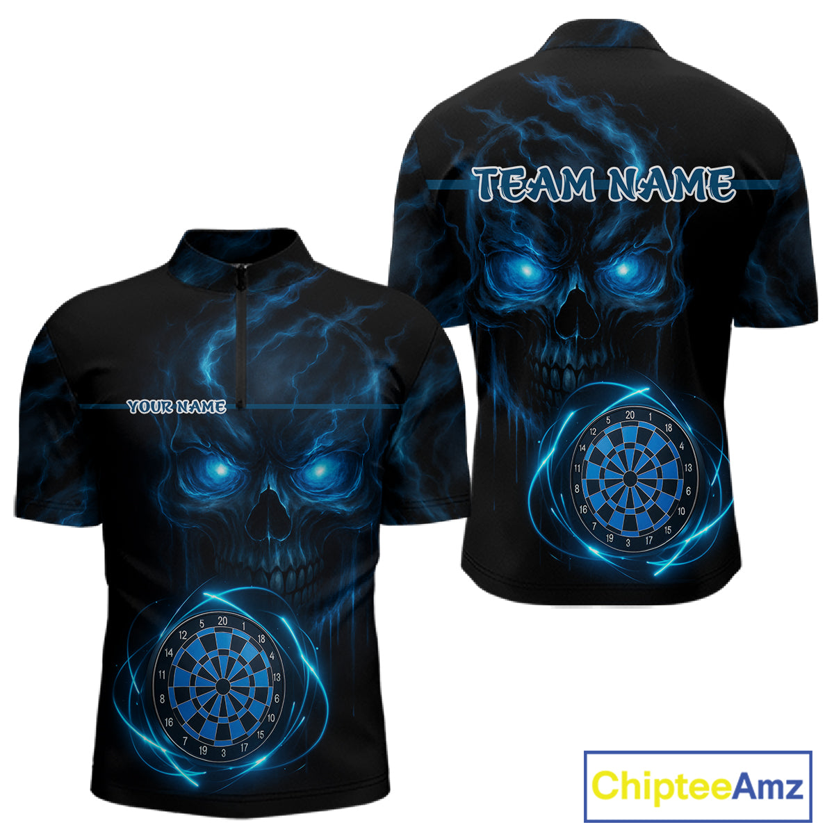 Custom Lightning Blue Skull Dartboard 1/4-Zip Dart Shirt For Men Outfit Skull Dart Team Jerseys NYN0928