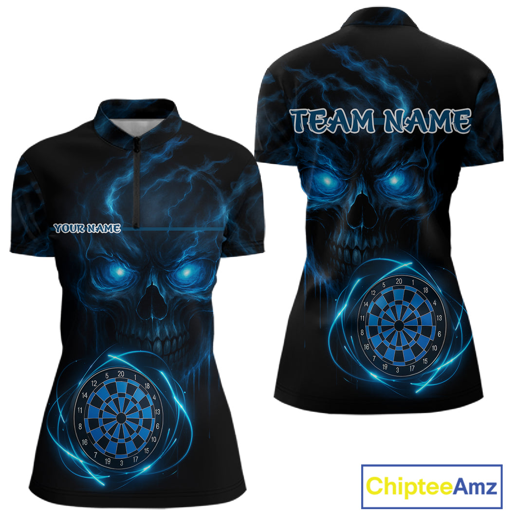 Custom Lightning Red Skull Dartboard 1/4-Zip Dart Shirt For Women Outfit Skull Dart Team Jerseys NYN0929