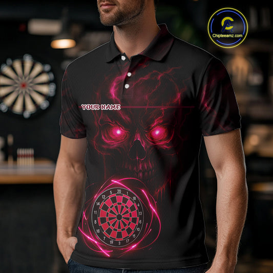 Custom Lightning Red Skull Dartboard Polo Dart Shirt For Men Outfit Skull Dart Team Jerseys NYN0929