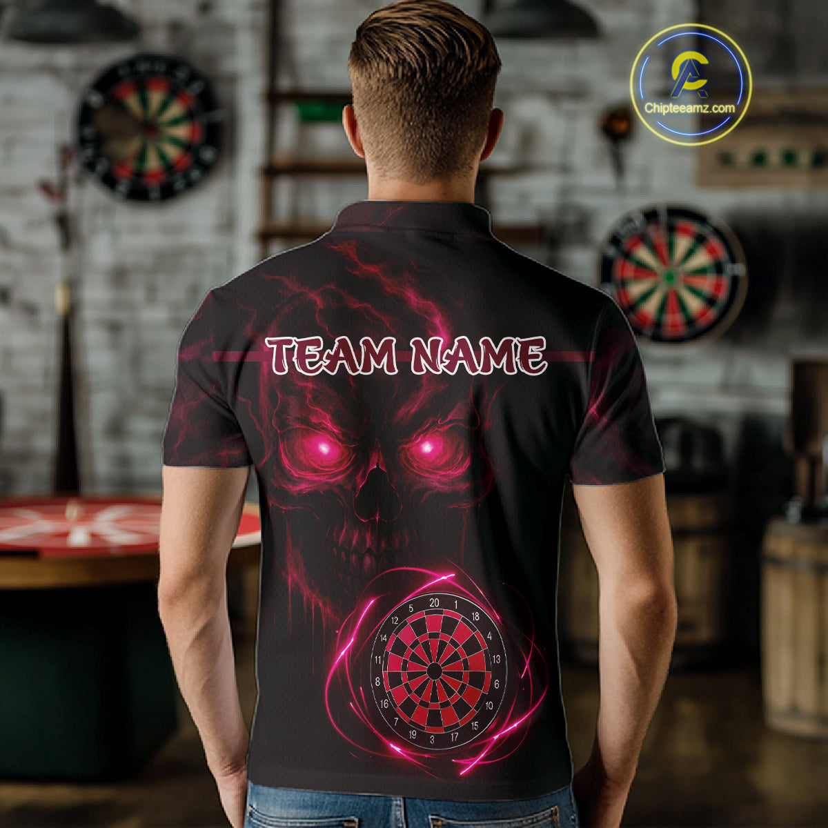 Custom Lightning Red Skull Dartboard Polo Dart Shirt For Men Outfit Skull Dart Team Jerseys NYN0929