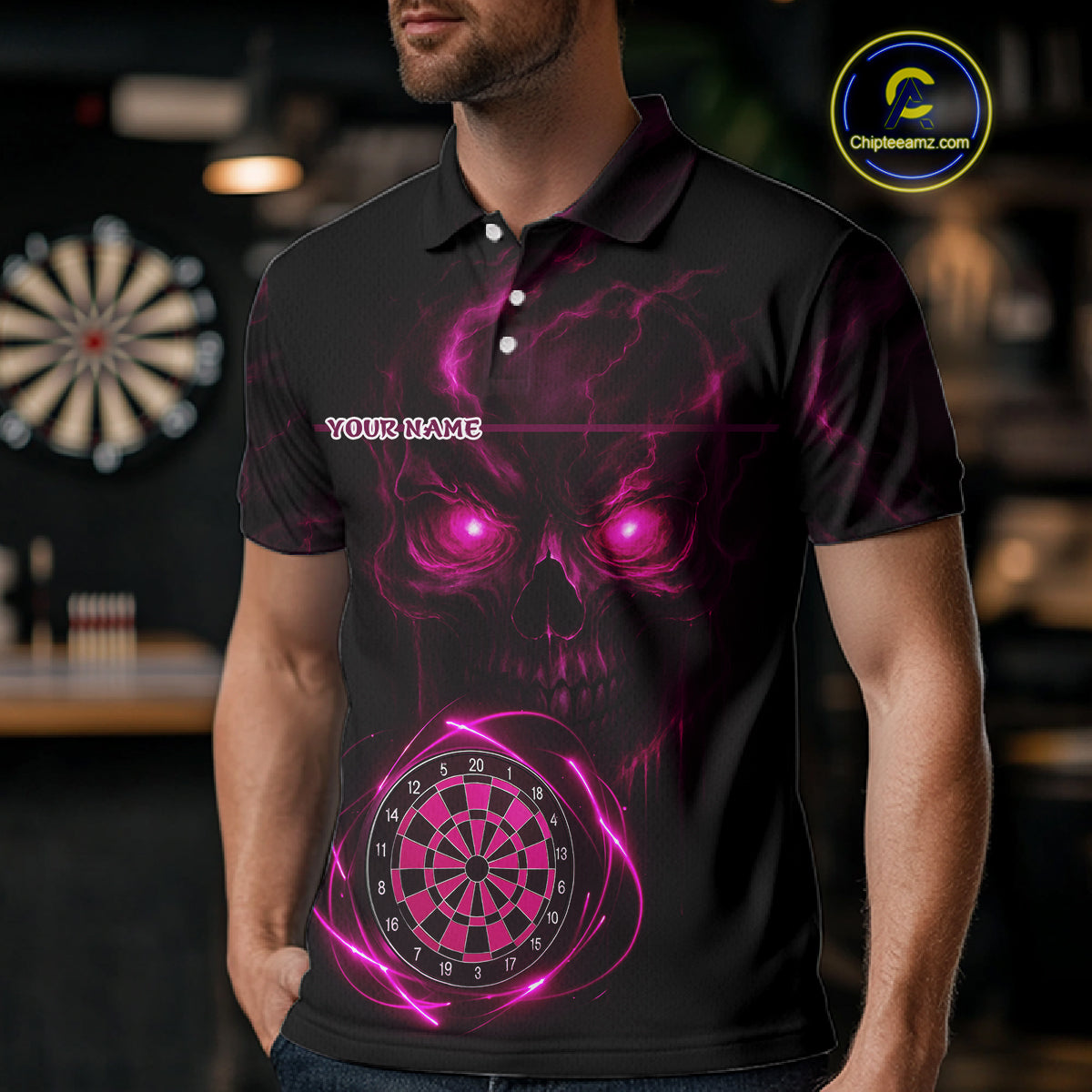 Custom Lightning Pink Skull Dartboard Polo Dart Shirt For Men Outfit Skull Dart Team Jerseys NYN0930