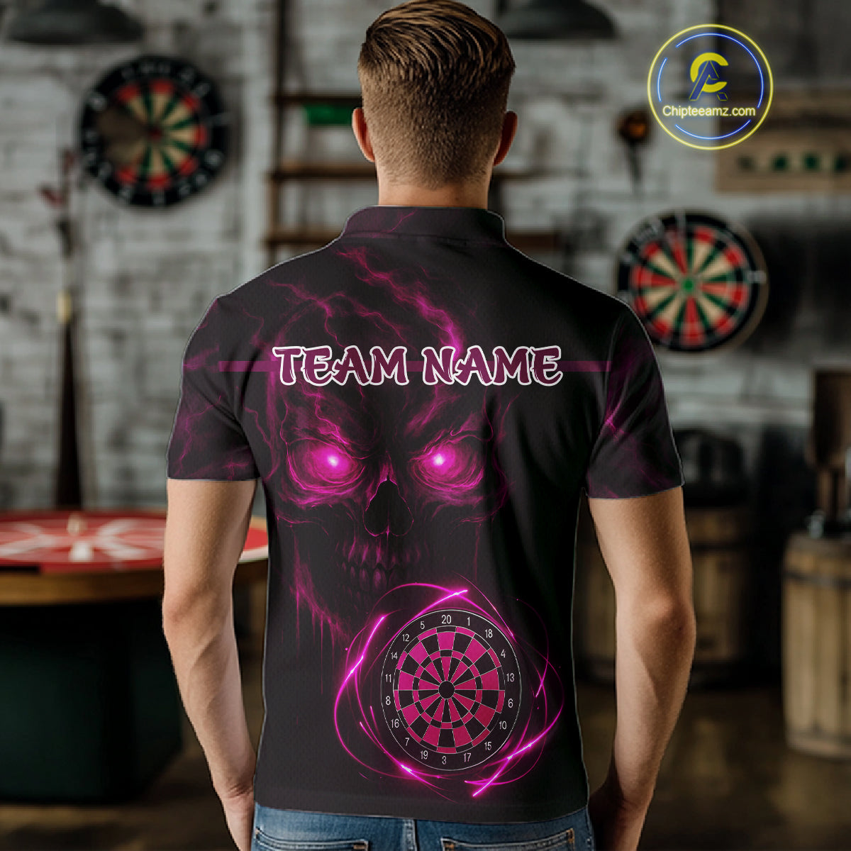 Custom Lightning Pink Skull Dartboard Polo Dart Shirt For Men Outfit Skull Dart Team Jerseys NYN0930