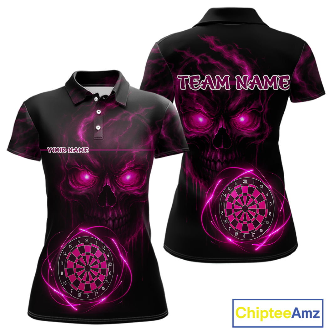 Custom Lightning Pink Skull Dartboard Polo Dart Shirt For Women Outfit Skull Dart Team Jerseys NYN0930