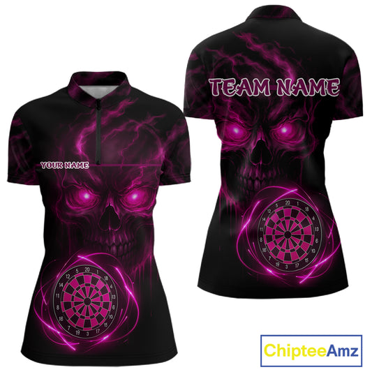 Custom Lightning Pink Skull Dartboard 1/4-Zip Dart Shirt For Women Outfit Skull Dart Team Jerseys NYN0930