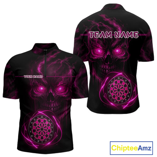 Custom Lightning Pink Skull Dartboard 1/4-Zip Dart Shirt For Men Outfit Skull Dart Team Jerseys NYN0930