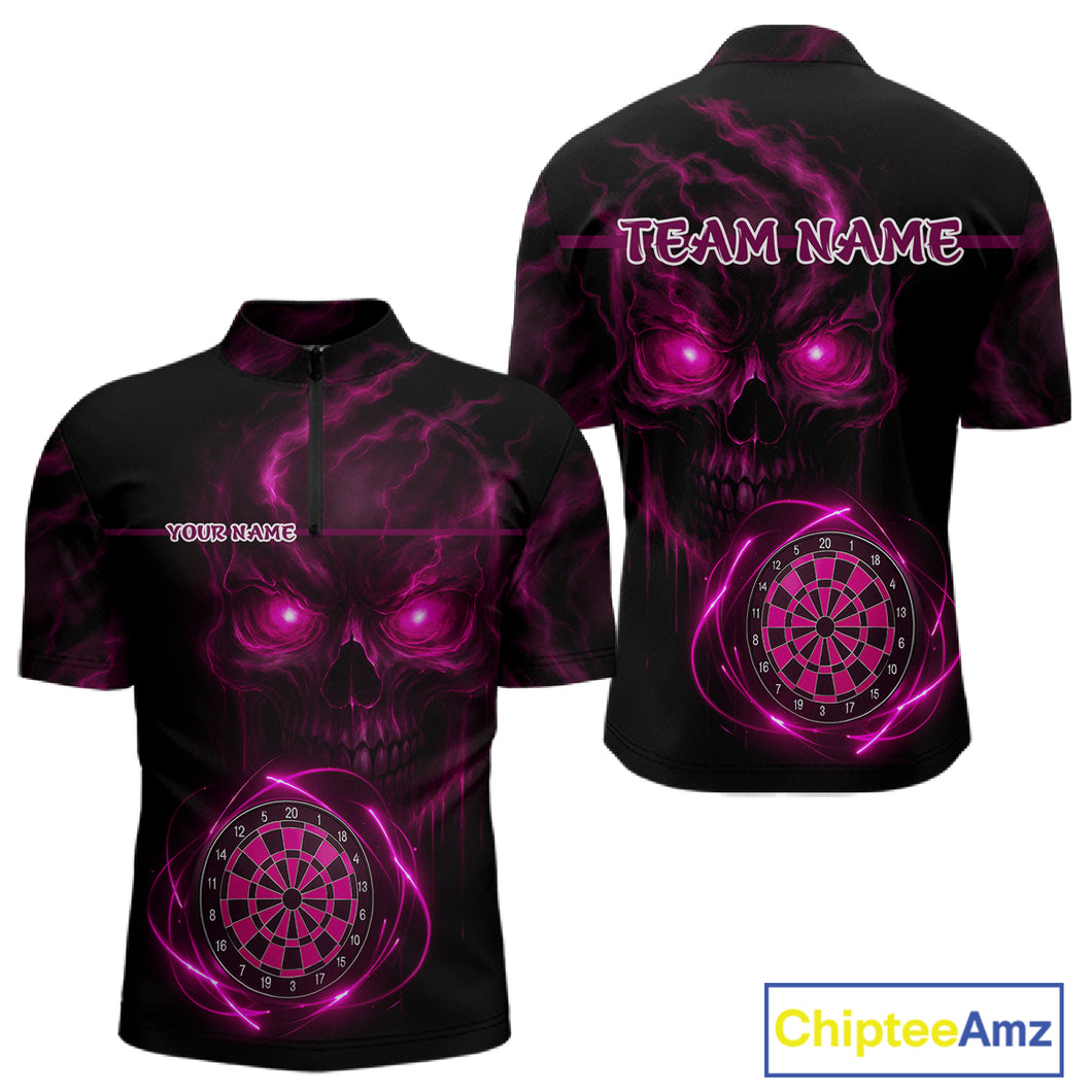 Custom Lightning Pink Skull Dartboard 1/4-Zip Dart Shirt For Men Outfit Skull Dart Team Jerseys NYN0930