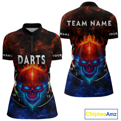 Flame Skull Dartboard Women's Darts Quarter-Zip Shirt - Custom Name For Players NYN0745