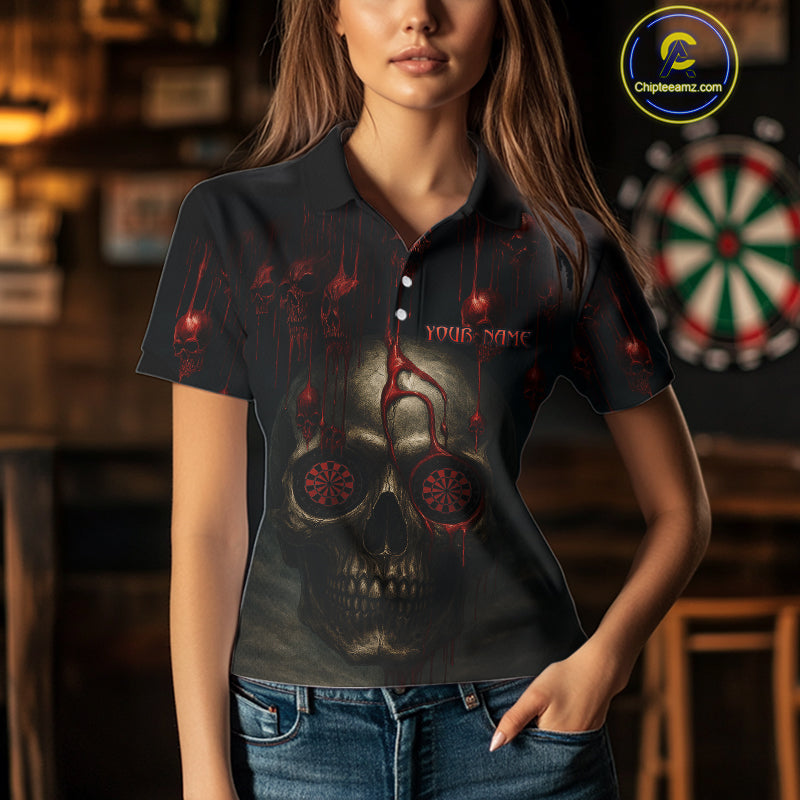 Custom Women's Darts Polo Shirts Red Dripping Blood Skull For Darts Jersey NYN0775